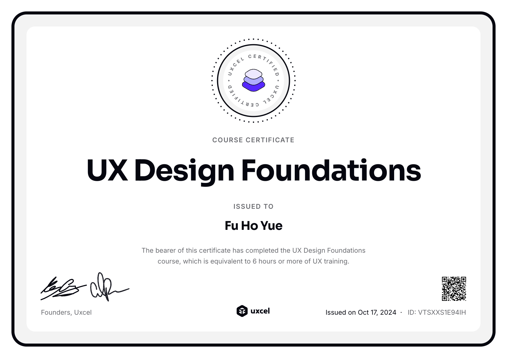 Fu Ho Yue's certificate